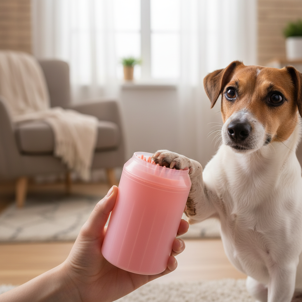 Cute dog using Paws Cleaner Device